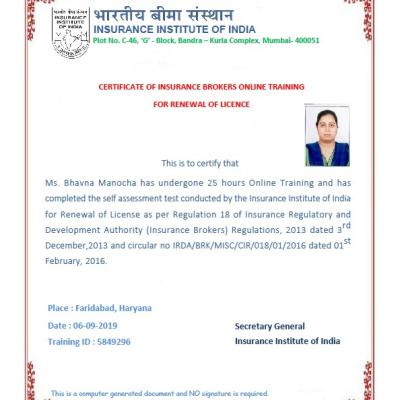 Bhavna Broker Renewal Training Certificate 6 9 19